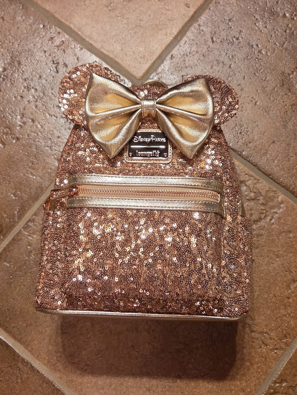Disney Parks Loungefly Minnie Mouse Rose Gold Sequin Mini Backpack